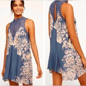Free People Marsha Blue and Cream Floral Lace Dress